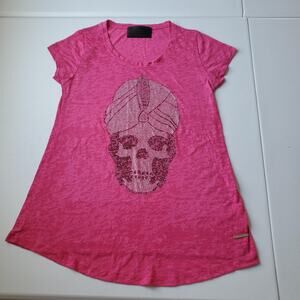 Philipp Plein Shirt Womens Small Pink Skull Rhinestone Burnout Scoop Neck Tee